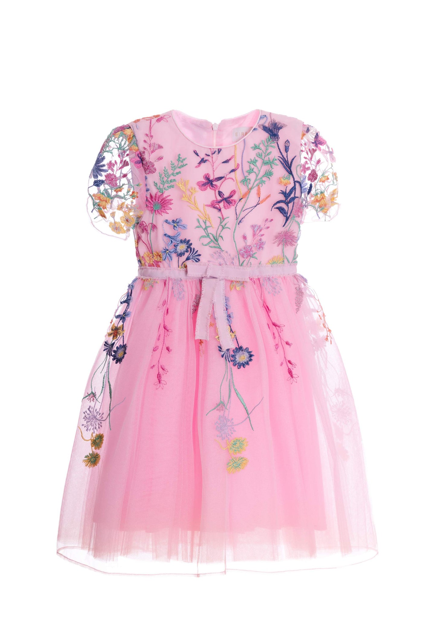 Дантелена розова рокля с бродирани цветя и пола от тюл