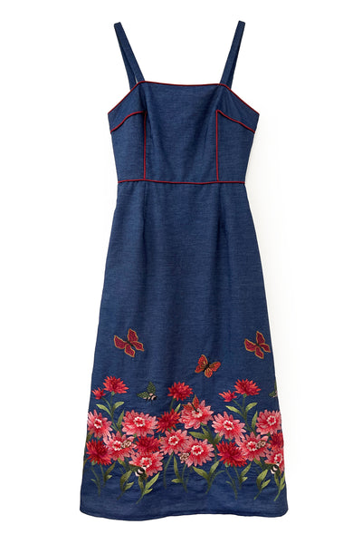 Дънкова рокля с флорална бродерия